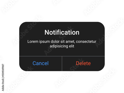 Dark notification pop up UI design with cancel and delete buttons on a transparent background for mobile app and web alert interface in a minimal modern style