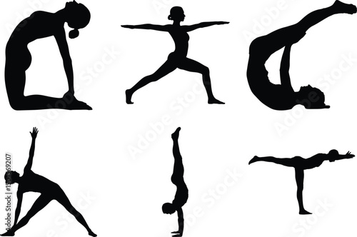 Yoga Silhouette Bundle, Yoga Pose woman doing fitness Vector Art and White Background. Meditation peaceful illustration.