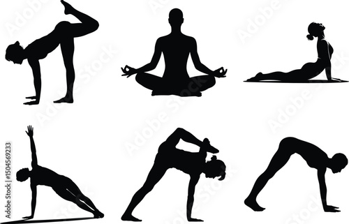 Yoga Silhouette Bundle, Yoga Pose woman doing fitness Vector Art and White Background. Meditation peaceful illustration.