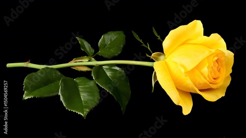 Single Yellow Rose Flower Stem Black Background