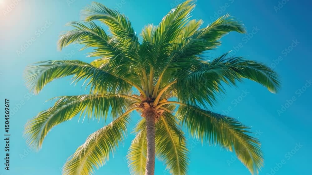 Lush green palm tree with long, feathery fronds against a vibrant blue sky, capturing a tropical vibe and sunny weather, perfect for evoking relaxation and vacation vibes. Lush green palm tree with long, feathery fronds against a vibrant blue sky, capturing a tropical vibe and sunny weather, perfect for evoking relaxation and vacation vibes.