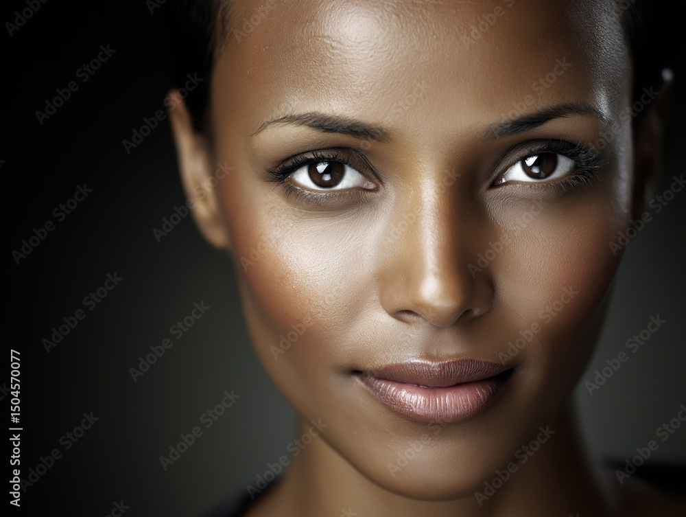 Woman with radiant skin and captivating eyes in a close-up portrait indoors Woman with radiant skin and captivating eyes in a close-up portrait indoors