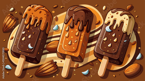 Delicious chocolate popsicles adorned with smooth ganache and crunchy almonds, a decadent treat that combines rich flavors and satisfying textures, ideal for