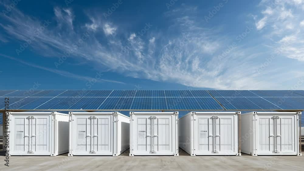 Solar panel array with battery storage containers under blue sky, representing renewable energy power generation and energy storage solution.