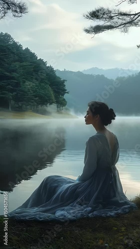 Elegant lady in dress rests near misty lake