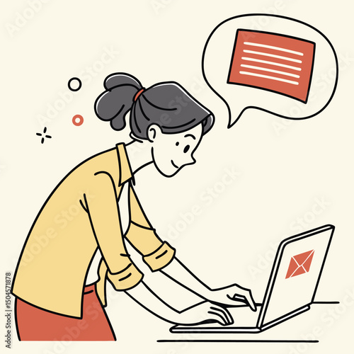 Female Characters Sending Emails – Modern Cartoon Illustrations of Digital Communication and Remote Work.  Vector illustration of woman working at laptop, sending or getting emails, email icon.