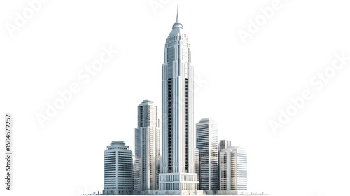 3D financial district skyscraper distinguished by a tall, elegant spire and classic proportions.  Isolated on transparent background.