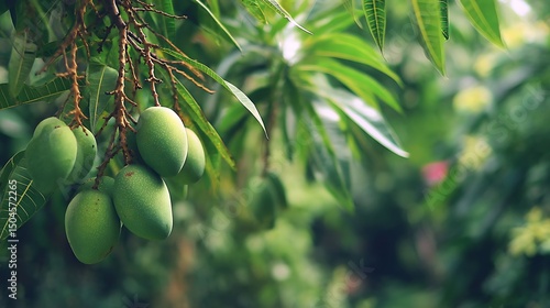 Close-up of green mangoes hanging from a tropical mango tree surrounded by lush green foliage in a vibrant outdoor garden setting.