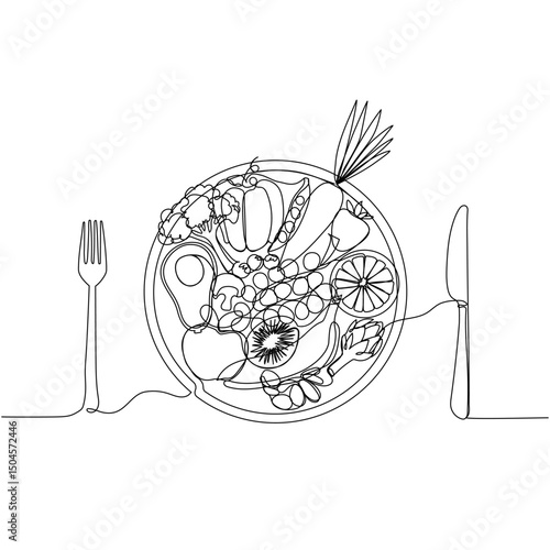 Fruits and vegetables on the plate in continuous one line art style. Healthy diet concept. Simple vector illustration