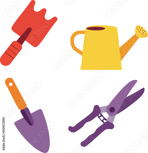 Gardening tools collection with shovel watering can pruner and hand rake in bright colors vector illustration 