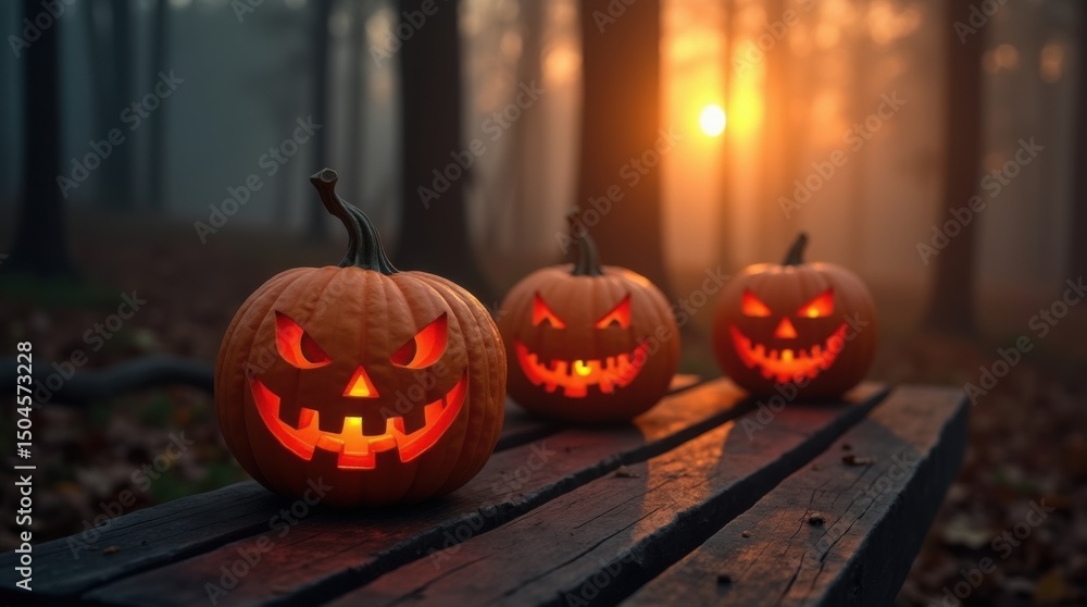 Obraz premium Haunting pumpkins with sinister glow beside empty bench