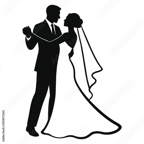 Elegant wedding silhouette of bride and groom. Minimalist black silhouette vector illustration 