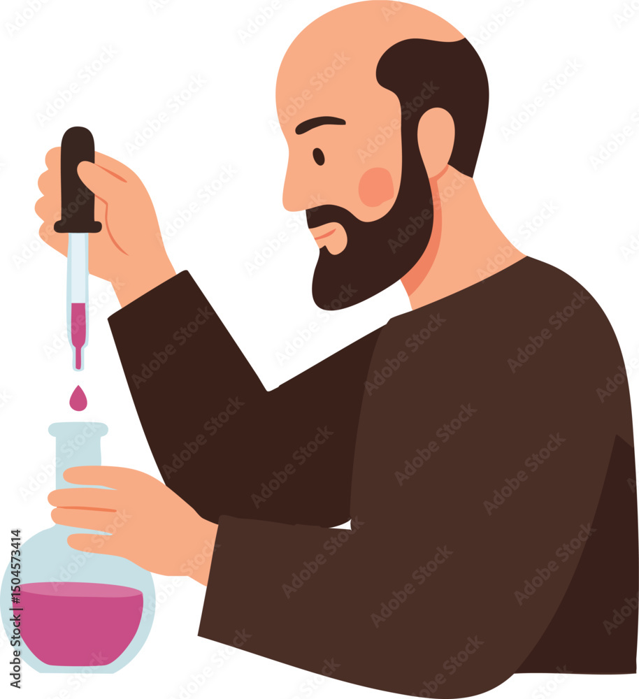 Scientist conducting chemical experiment with dropper and flask in laboratory vector illustration Scientist conducting chemical experiment with dropper and flask in laboratory vector illustration