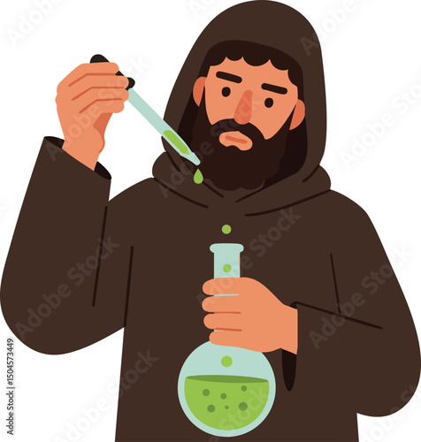 Scientist in brown hoodie conducting green liquid experiment with dropper and flask vector illustration 