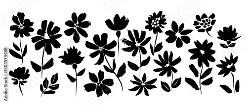 Set of stylized silhouettes of flowers сhrysanthemums, daisy of different shapes with foliage and stem in black, hand-drawn with brush strokes on white background. Cute vector decorative print.