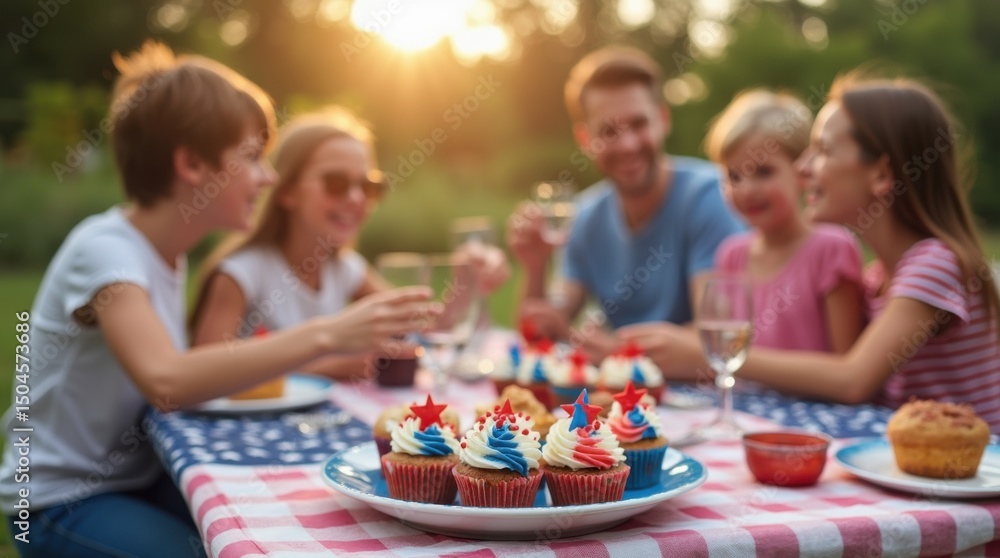 People enjoying patriotic flag cupcakes at celebration People enjoying patriotic flag cupcakes at celebration