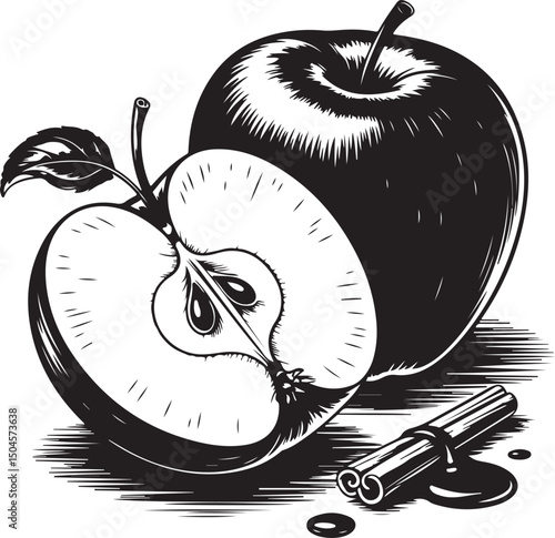 Black and white illustration of a sliced apple with cinnamon sticks