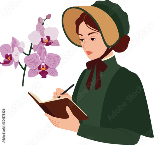 Victorian woman writing in journal with orchid flowers vintage style illustration in green bonnet and cloak 
