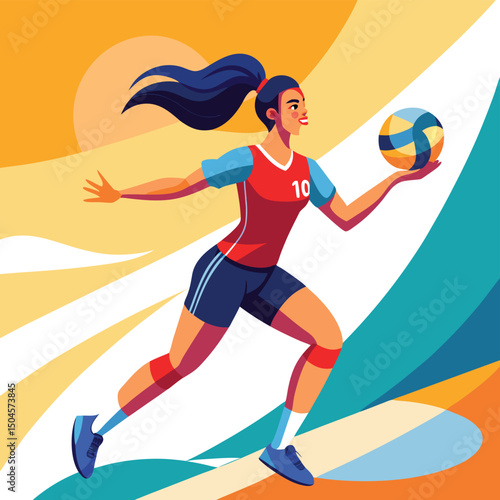 Active female volleyball player serving the ball during a lively beach or court game