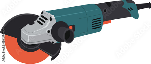 Electric angle grinder power tool with orange blade and teal body for metal and construction work vector illustration 