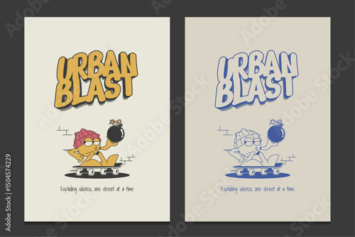 retro poster or graphic t-shirt design with a chill cartoon character holding a bomb, vector illustration