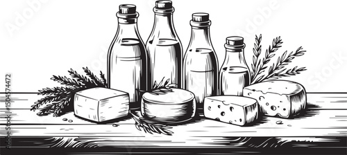 Black and white illustration of milk bottles and cheese on a wooden table