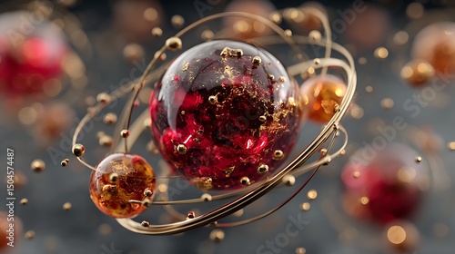 High quality 3d render of intricate atomic structure, glowing orbs in red and orange hues, surrounded by golden metal rings.