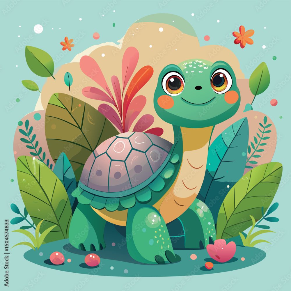 Fototapeta premium Adorable cartoon turtle in a lush garden with greenery and colorful flowers smiling