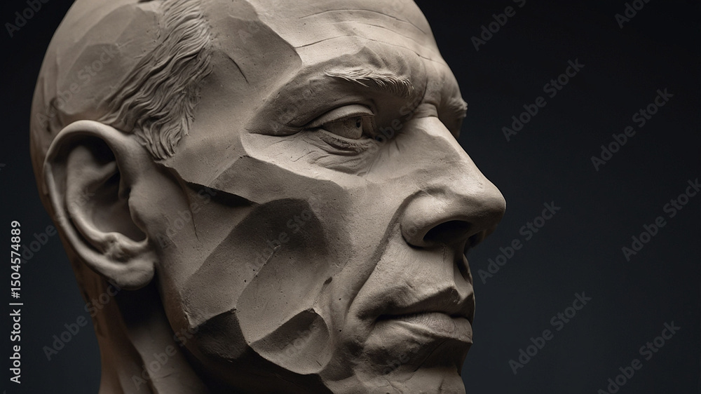 Close-up of a realistic clay male bust sculpture with sharp sculpting details and expressive texture, captured in moody lighting. Close-up of a realistic clay male bust sculpture with sharp sculpting details and expressive texture, captured in moody lighting.