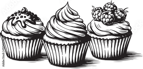 Black and white illustration of three cupcakes with frosting and toppings