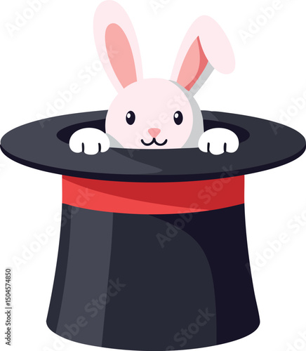 Cute white rabbit popping out of black magician hat with red band whimsical illusion magic trick vector illustration 