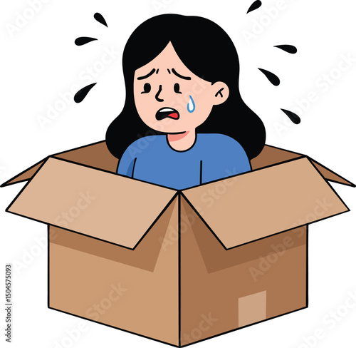 Sad girl crying inside cardboard box feeling trapped and anxious vector illustration 