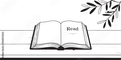Black and white illustration of an open book with the word "Read" and a branch