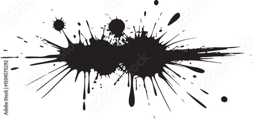 Black ink splatter illustration with abstract paint drips and splashes