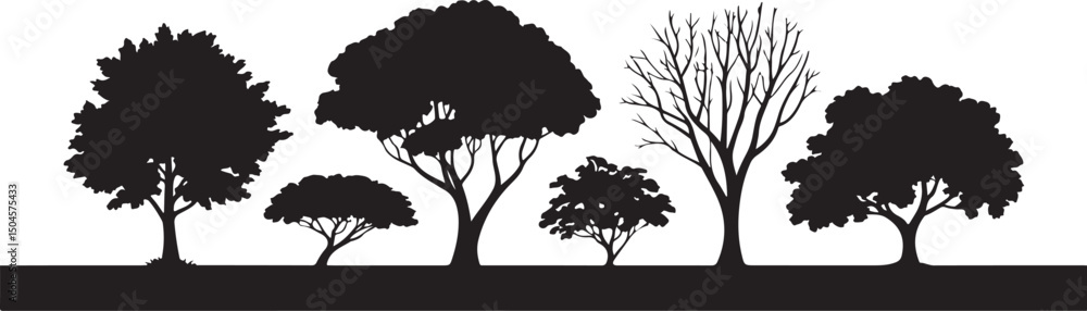 Fototapeta premium Black and white illustration of various tree silhouettes in different shapes and sizes