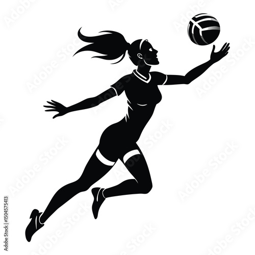 Black and white silhouette of a female volleyball player jumping to spike the ball