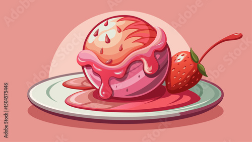 A close-up view of a strawberry ice cream scoop, melting slowly on a white plate, with sweet syrup flowing down its sides, in a soft pink background.