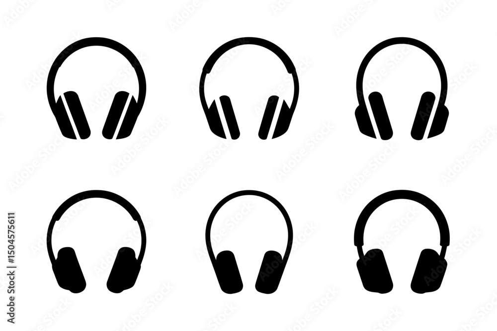 Obraz premium Six simple black headphone front views set