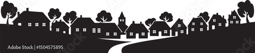 Black and white illustration of a village with houses, trees, and a winding road