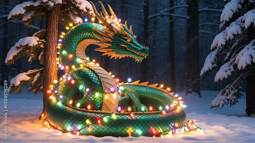 Fototapeta premium Festive dragon christmas lights winter wonderland