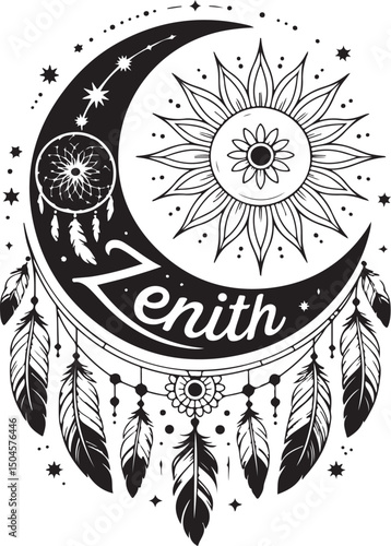 Black and white zenith design with crescent moon, sun, and dreamcatcher elements