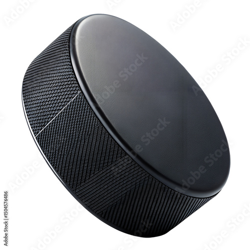 A realistic black hockey puck with textured rubber sides, isolated on a clean white background. This essential ice hockey equipment is perfect for showcasing sports, competition, and the fast-paced ac