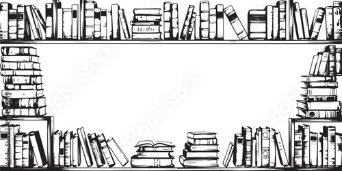 Black and white illustration of a bookshelf with stacked books