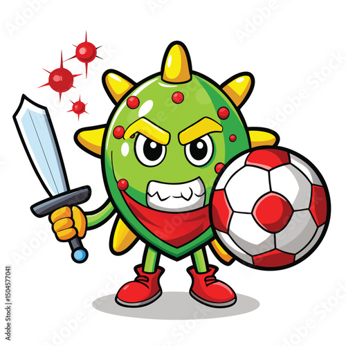 Cartoon virus character armed with sword and shield defending against viral attacks