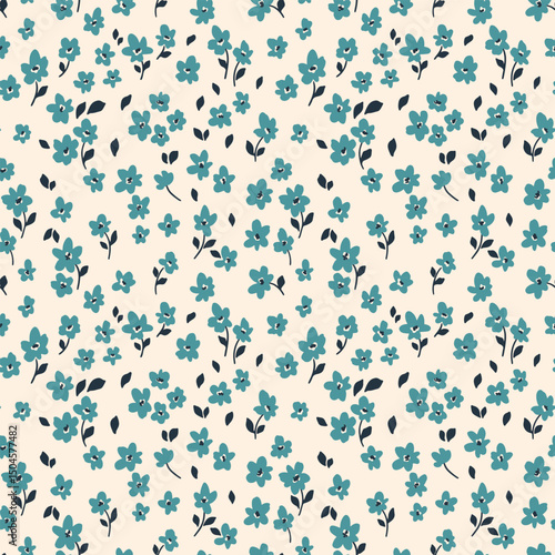 Seamless floral pattern, liberty ditsy print with mini blue flowers. Botanical design for fabric, textile in pretty motif. Small simple hand drawn flowers, tiny leaves abstract. Vector illustration.