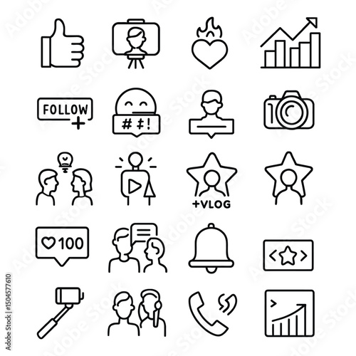 Blogger icon set. Containing influencer, content, creation, like, vlogging, blog, vlogger, social media, followers, personal brand, video equipment more silhouette vector illustration 
