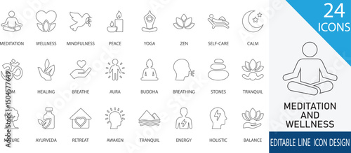 A serene and minimalist line icon collection representing meditation, wellness, and holistic practices. Includes symbols like yoga poses, lotus,  om, Buddha, breathing, and nature. 