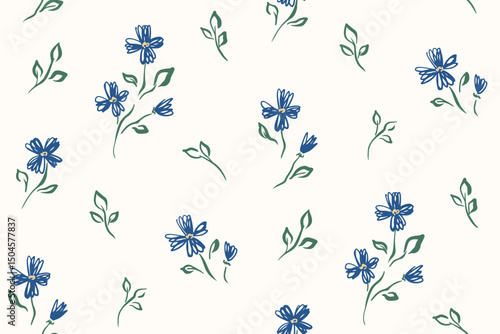 Seamless floral pattern, abstract ditsy print with simple sketch plants. Elegant botanical design in minimalist style, small hand drawn flowers, tiny leaves on white background. Vector illustration.