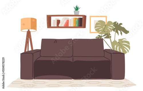 Cozy living room with comfortable sofa couch, houseplant decoration, floor lamp and bookshelf