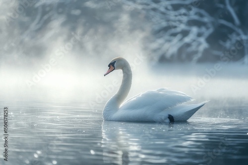 Graceful swan swimming in misty winter lake nature photography serene environment tranquil viewpoint